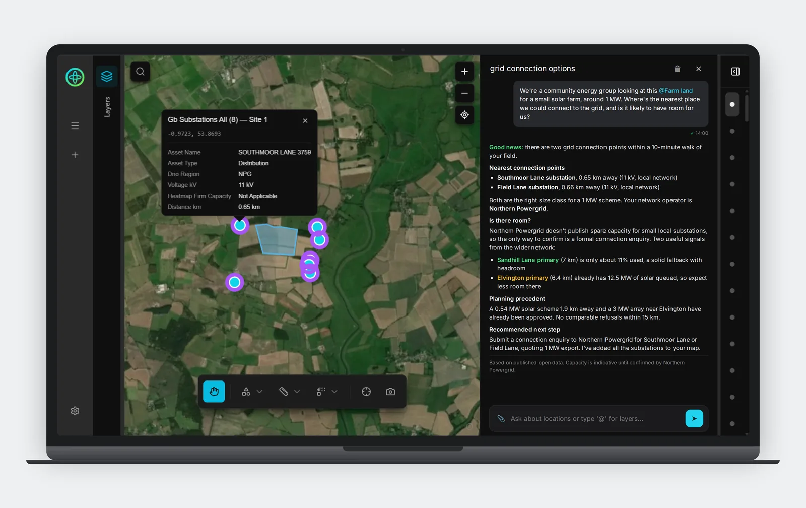 Feasibly map view showing substations and grid connection options near a proposed community solar site